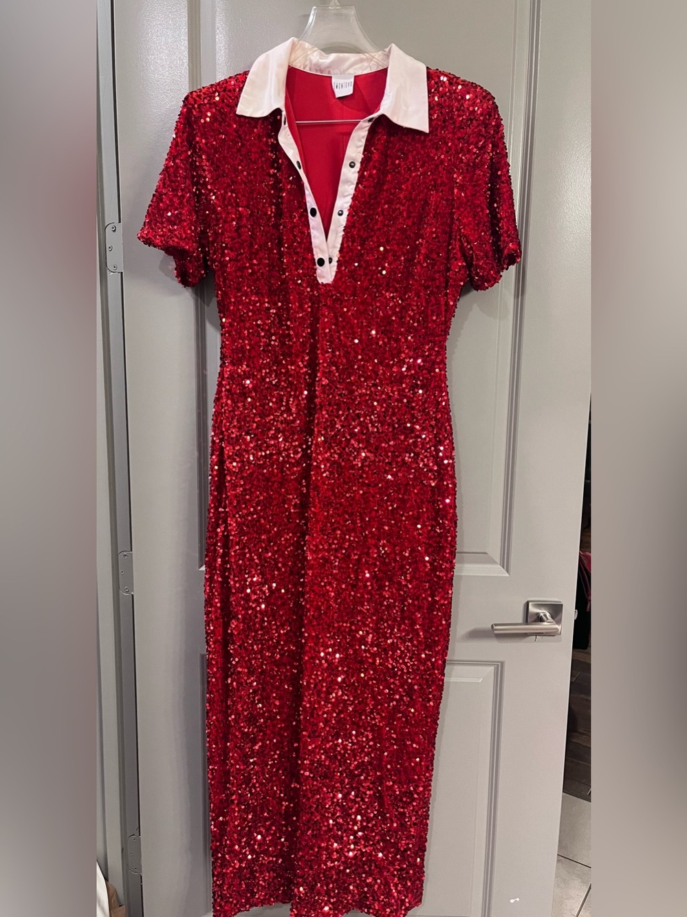 OFUURE Red Sequin Maxi Dress with Contrast White Collar